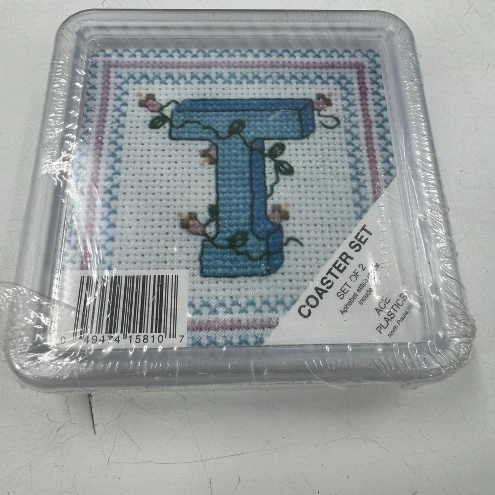 Vintage Alphabet Letter T Needlepoint Coaster Set of 2‎ New in Package Initial